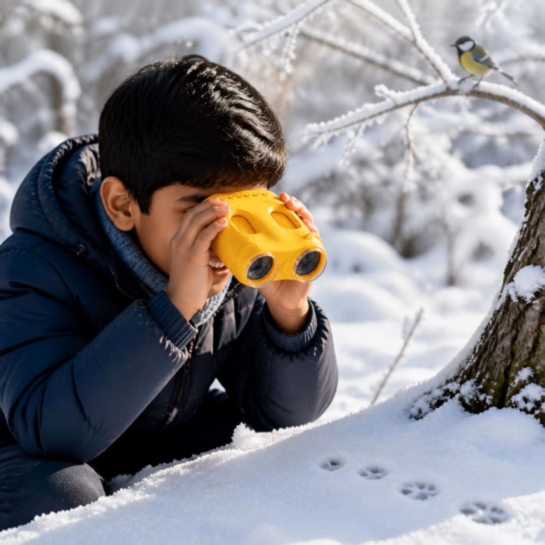 un garçon observe un lièvre de près grâce à  son telescope enfant  avec option microscope intégré 