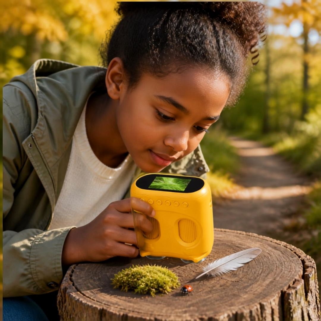 fille de 11 ans avec son telescope enfant dans la forêt