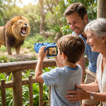 une garçon au zoo avec son telescope enfant Bleu Superscope™ observe de très près la gueule du lion grande ouverte