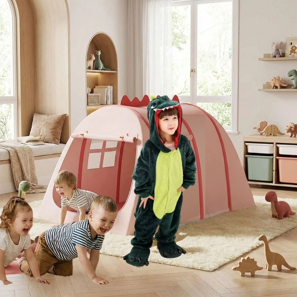 tente enfant avec crêtes de dinosaure et bouche design  enfantin de Dino mignon pour chambre et extérieur.