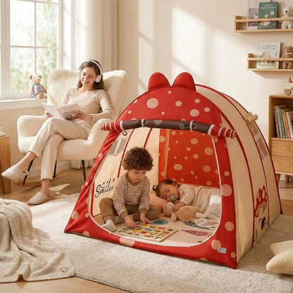 tente enfant rouge et beige avec motif de champignon mignon idéal pour la sieste et la détente