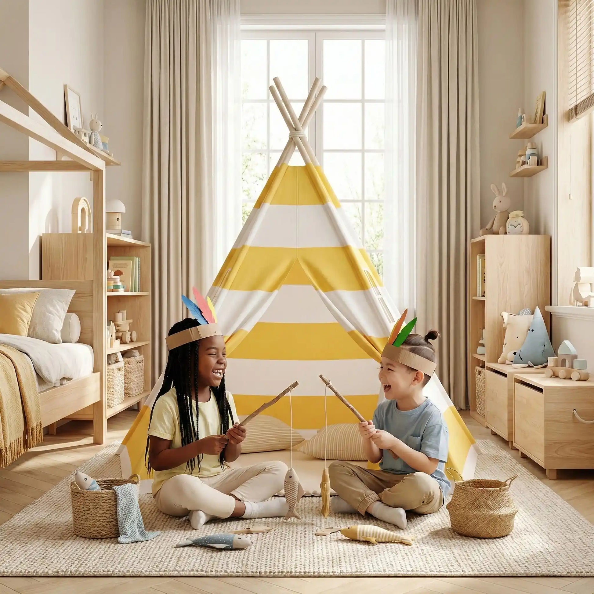 2 enfants font semblant de pêcher devant le tipi enfant leur tente enfant pour la nuit