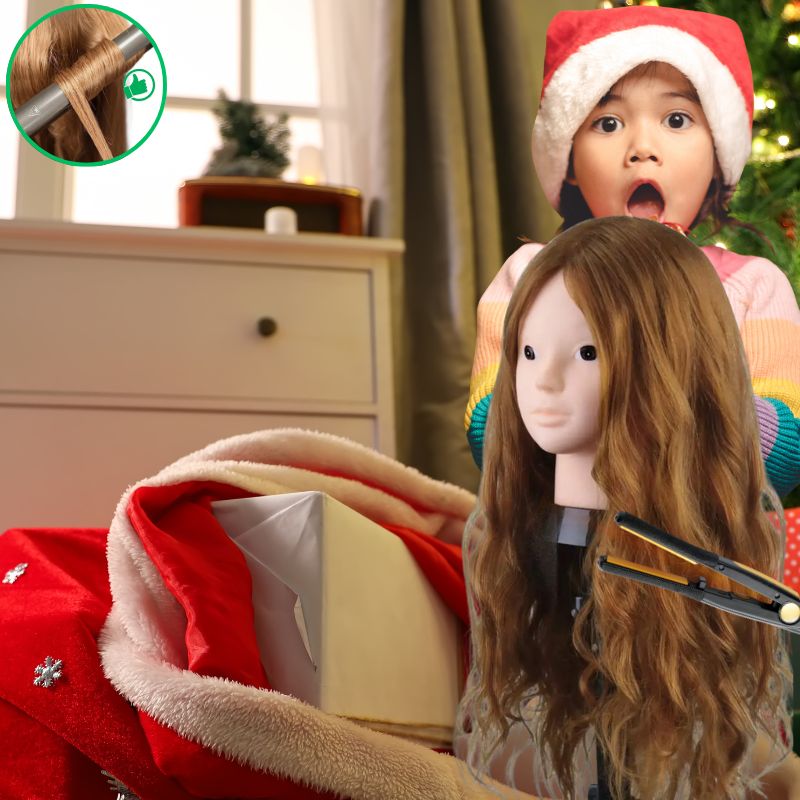 fillette qui est très heureuse de son cadeau de Noël original et de grande qualité la tetea coiffer Pro pour enfant avec 80% vrais cheveux