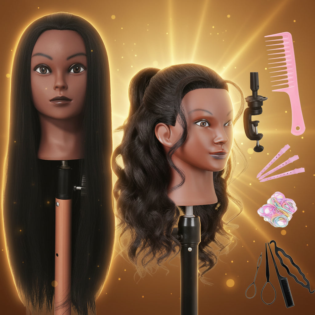 tête à coiffer aux cheveux noirs avec des accessoires pour coiffer  et soutenir la tête du mannequin solidement