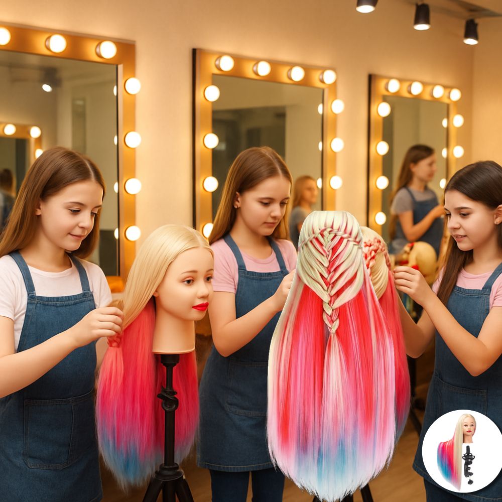 Tête à coiffer  3 étages de couleurs: blond clair, rouge fischia,bleu cyan parfait pour tresser enfant