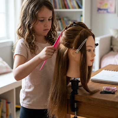TÊTE À COIFFER ENFANT | Cheveux Synthétiques longs+ 11 Accessoires - Dès 4 ans