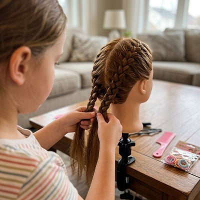 TÊTE À COIFFER ENFANT | Cheveux Synthétiques longs+ 11 Accessoires - Dès 4 ans