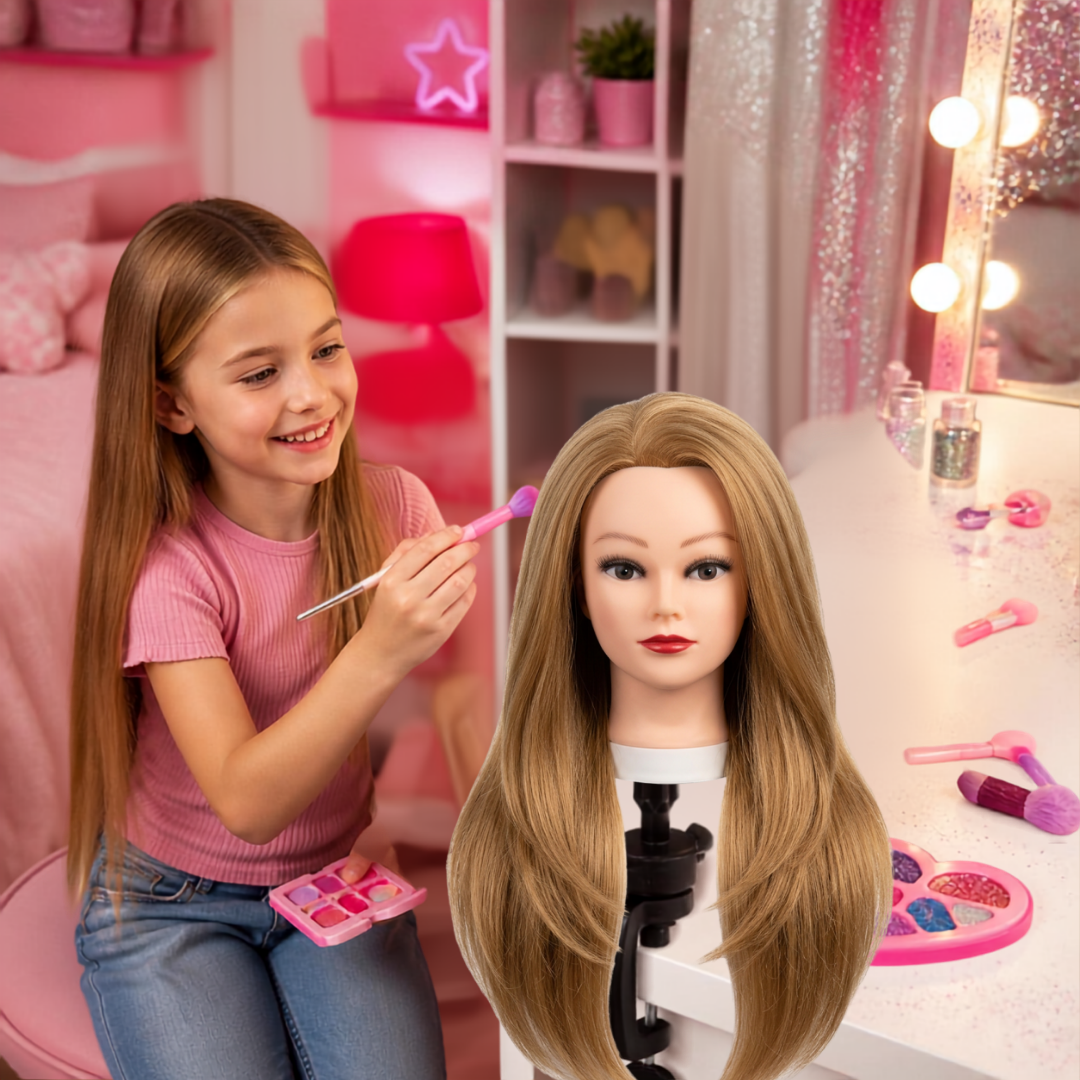 tete a coiffer enfant aux cheveux longs, blond-doré pour le jeux créatrice et le maquillage les enfants l'adorent