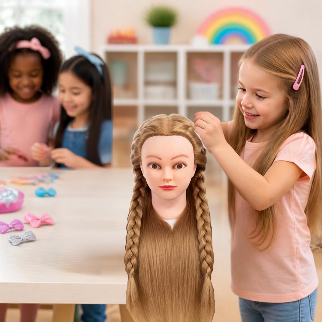 tete a coiffer enfant aux cheveux longs, lisses et blond-doré pour fille de 5+ans  des cheveux comme les tiens choisis ta couleur.
