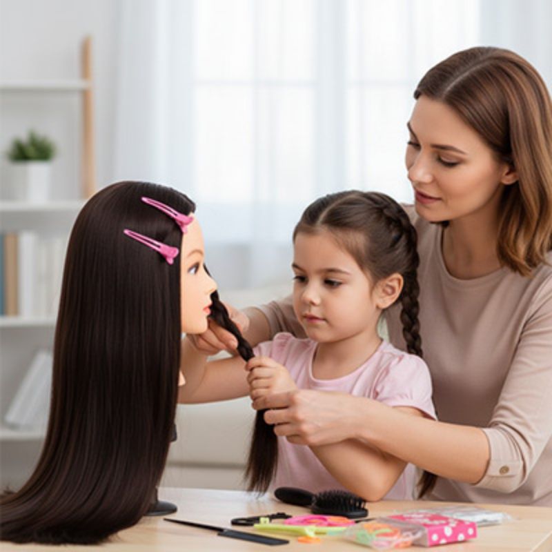 jeune fille de 6 ans apprends à tresser de longues natte sur sa tete a coiffer enfant avec les conseils de maman
