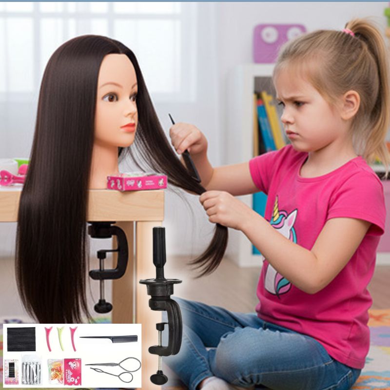 tete a coiffer enfant aux cheveux bruns long et lisses supportent la chaleur lors des modeling un pince de maintient pour la table