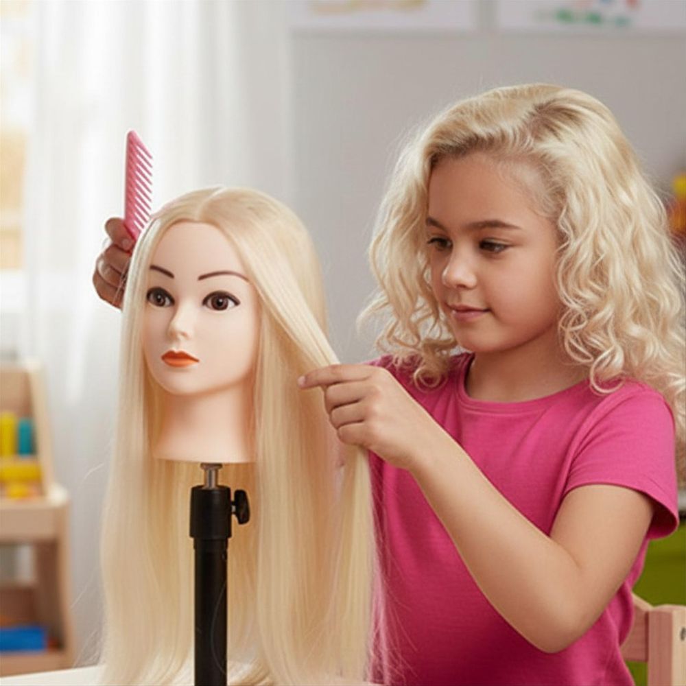 tete a coiffer enfant cheveux syntétique blong platine, long, épais agréable à coiffer