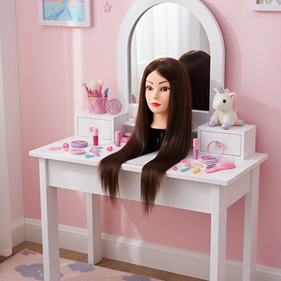 tete a coifer enfant  cheveux brun foncé, long  et lisse  en synthétique 