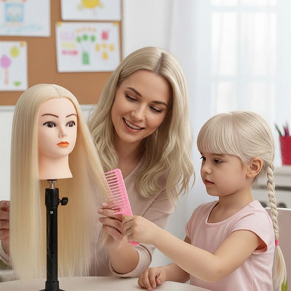 tete a coiffer enfant cheveux syntétique blond pale, long, épais agréable à coiffer