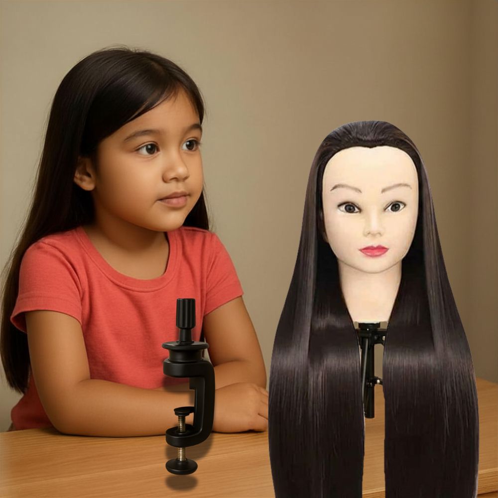 tete a coiffer enfant au cheveux brun-noir long et lisse dès 5+ans idéal pour démarrer
