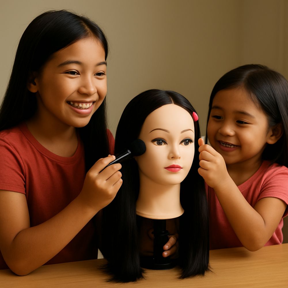 tete a coiffer enfant au cheveux brun-noir maquiller, tresser tu te reconnaitra en elle