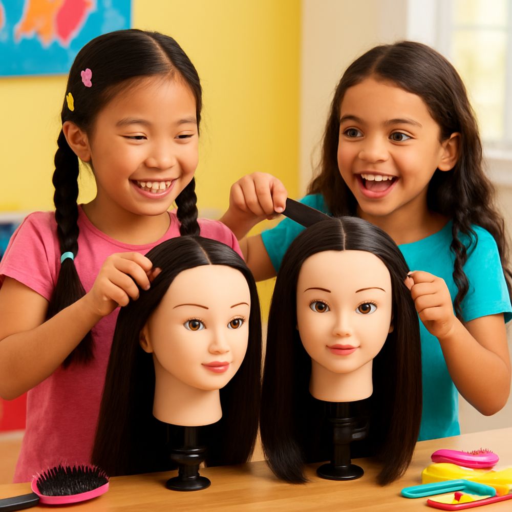 tete a coiffer enfant au cheveux brun-noir long et lisse plaisir à partager avec une amie