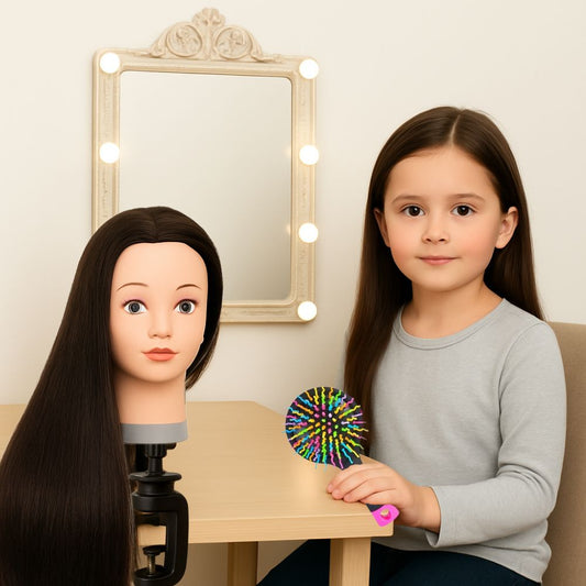 tete a coifer enfant  cheveux brun foncé, long  et lisse  en synthétique  5+ans