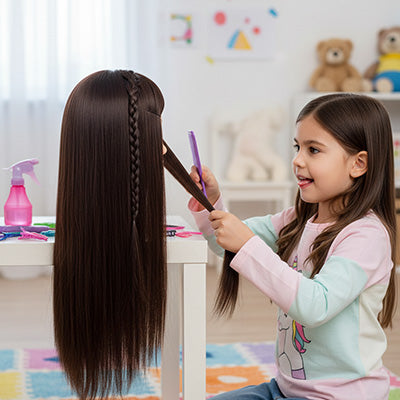 tete a coifer enfant pour fillette au cheveux bruns foncés, en synthétiques