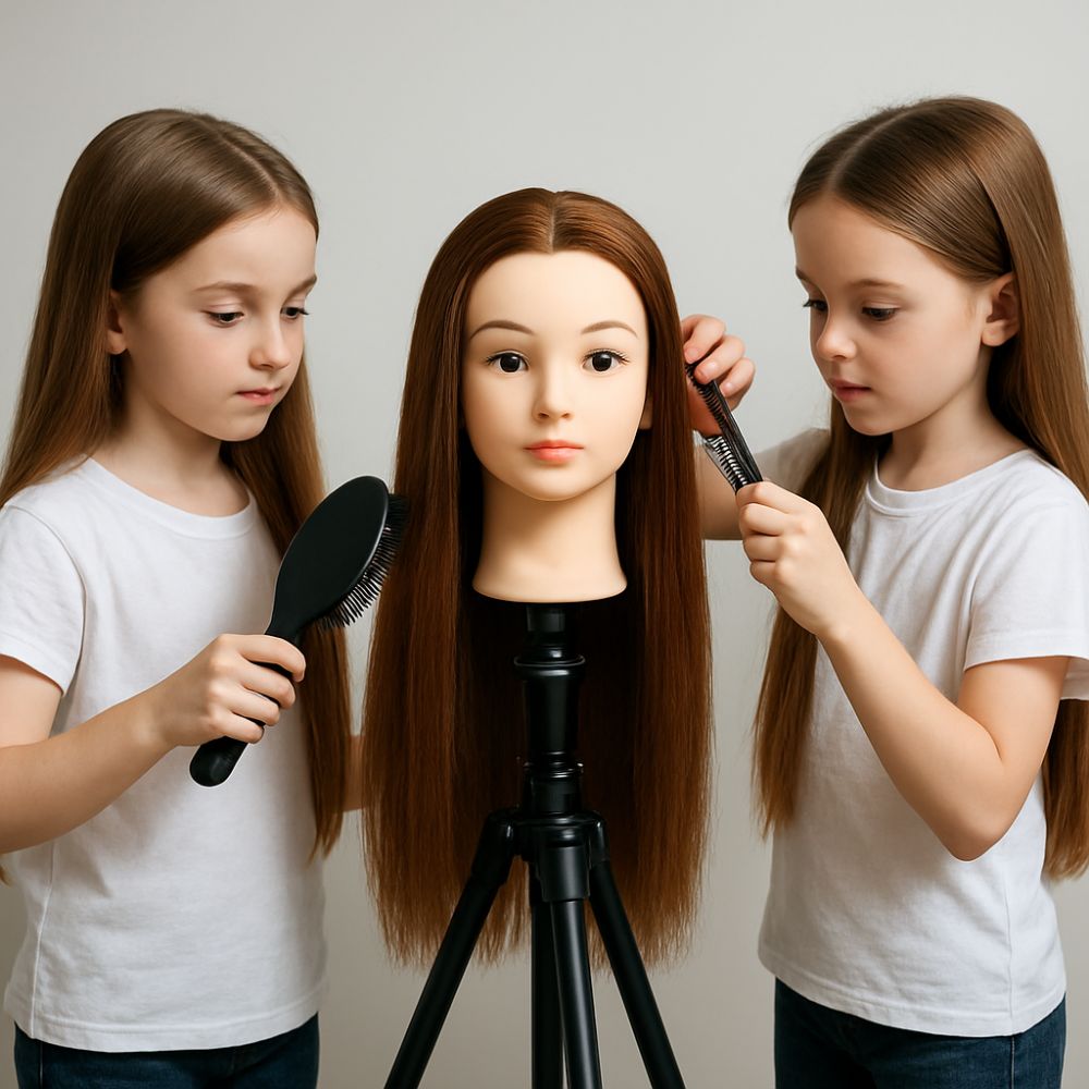 tete a coiffer enfant long cheveux synthétiques châtains roux plaisir d'apprendre entre amis