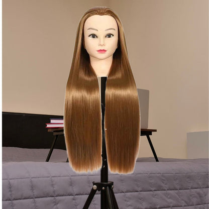 tete a coiffer enfant long cheveux synthétiques châtains  avec reflets lustrés