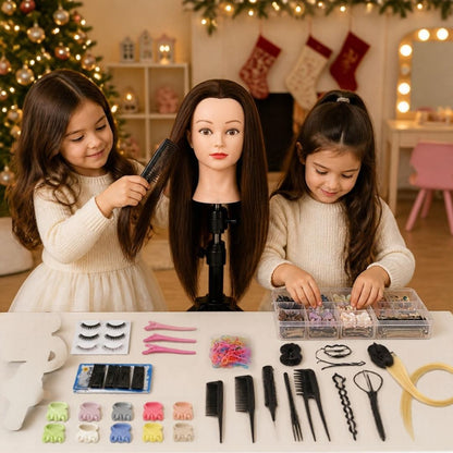 les jumelles ont reçu une tete a coiffer enfant  aux cheveux longs et bruns comme elles . c'est un pure bonheur