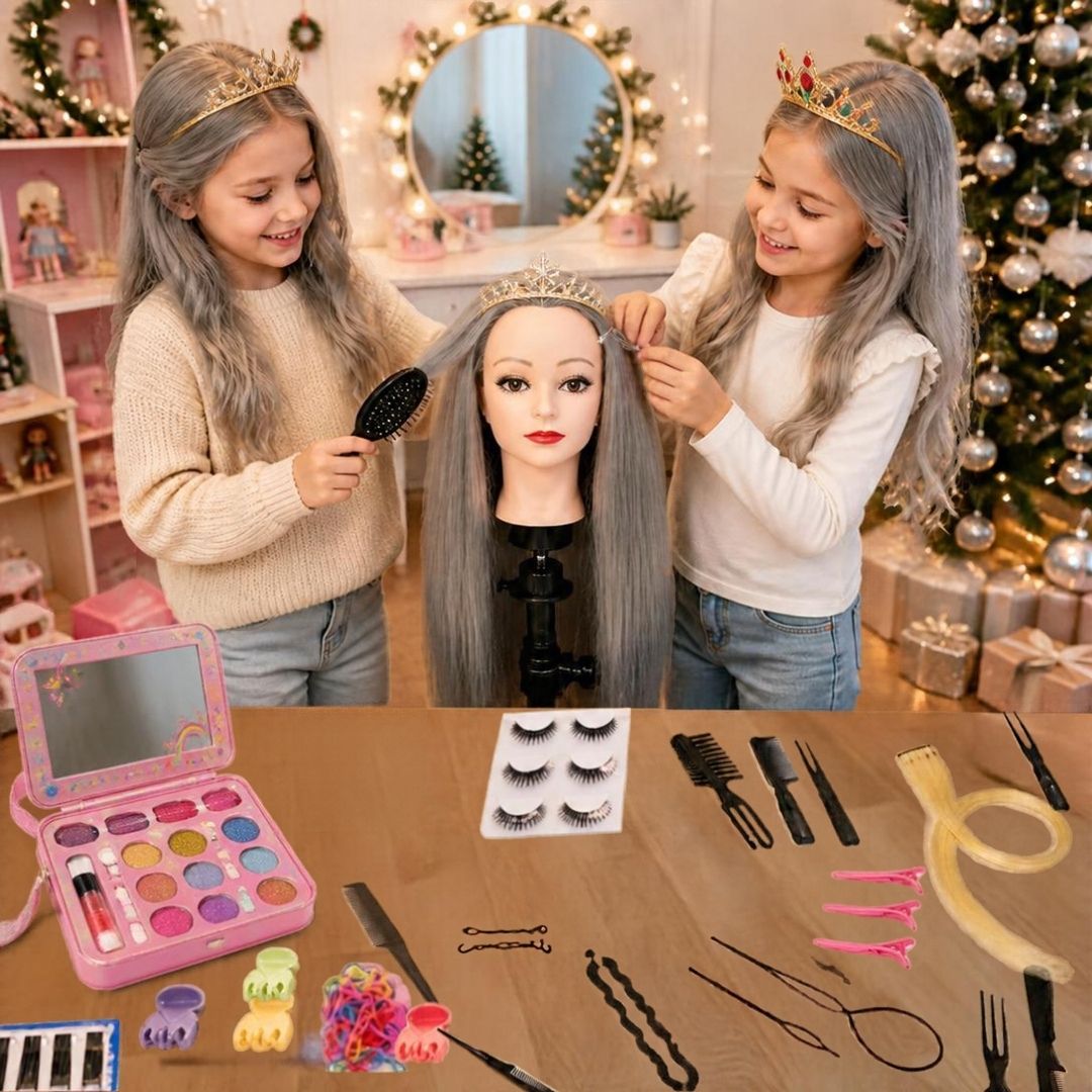 tete a coiffer enfant argentée avec faux cils et accessoires tout inclus