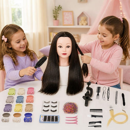 2 amies s amusent avec la tete a coiffer enfant et ses nombreux accessoires inclus