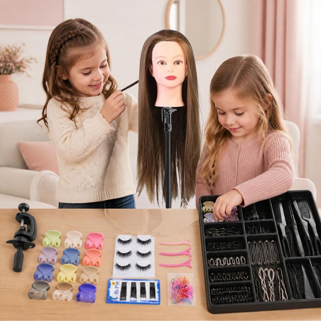 tete a coiffer enfant  aux cheveux longs et lisses châtains