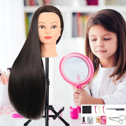 offre de lancement une tete a coiffer enfant de cheveux longs bruns et lisses avec un trépier ajustable pour maintenanr la tete fermement lors des scéance de coiffure