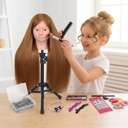 Tête à maquiller et à coiffer châtains aux cheveux longs, épais et solide au visage sans base de maquillage pour la pratique des techniques de maquillage