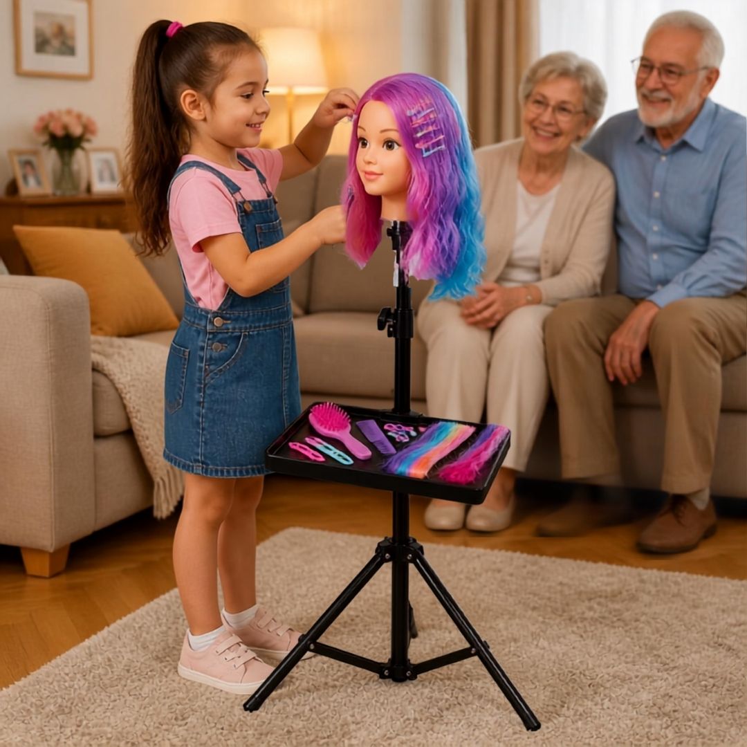 enfant de 5 ans entrain de jouer à la coiffeuse avec son nouveau trépied  de 56cm que mamie lui a offert.