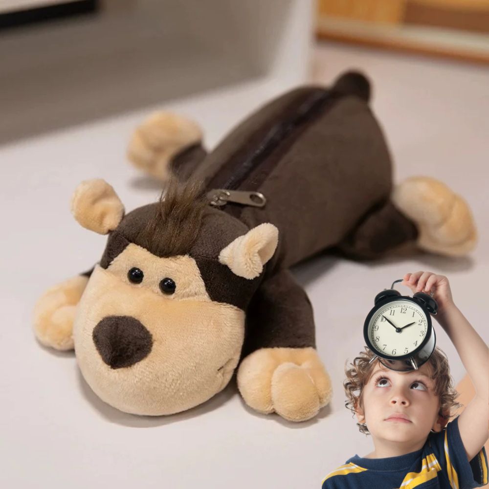 trousse ecole pour ses fournitures scolaire une peluche animal singe drôle pour ses crayons etaccessoires scolaires