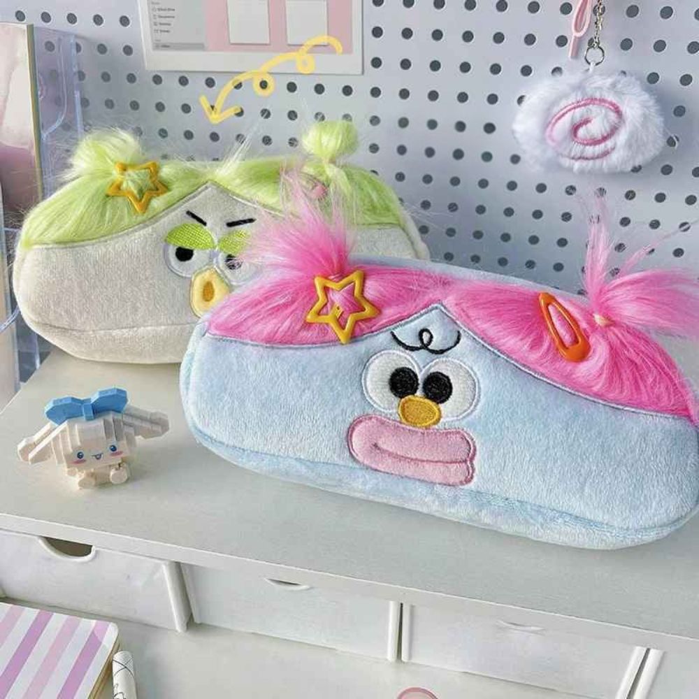 trousse pour ecole avec visage drîl Kawaii et cheveux fluo avec 2 lulus garde de la joie et des sourires