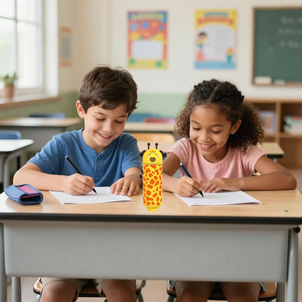 trousse scolaire enfant modèle Girafe en silicone et pot à crayons