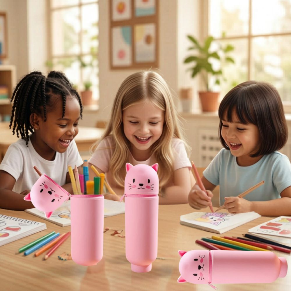 trousse scolaire  en silicone rose modèle joli chaton doux maintient debout comme pot à crayons
