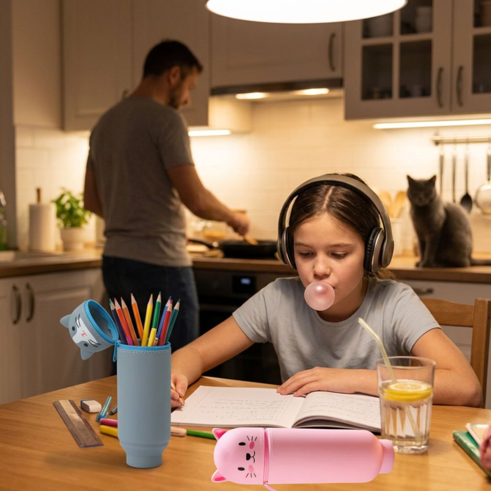 trousse scolaire enfant amoureux des chats en silicone debout comme pot à crayons