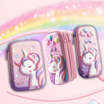 Trousse scolaire fille la licorne 3D  3 formats, 2 modèles de licorne