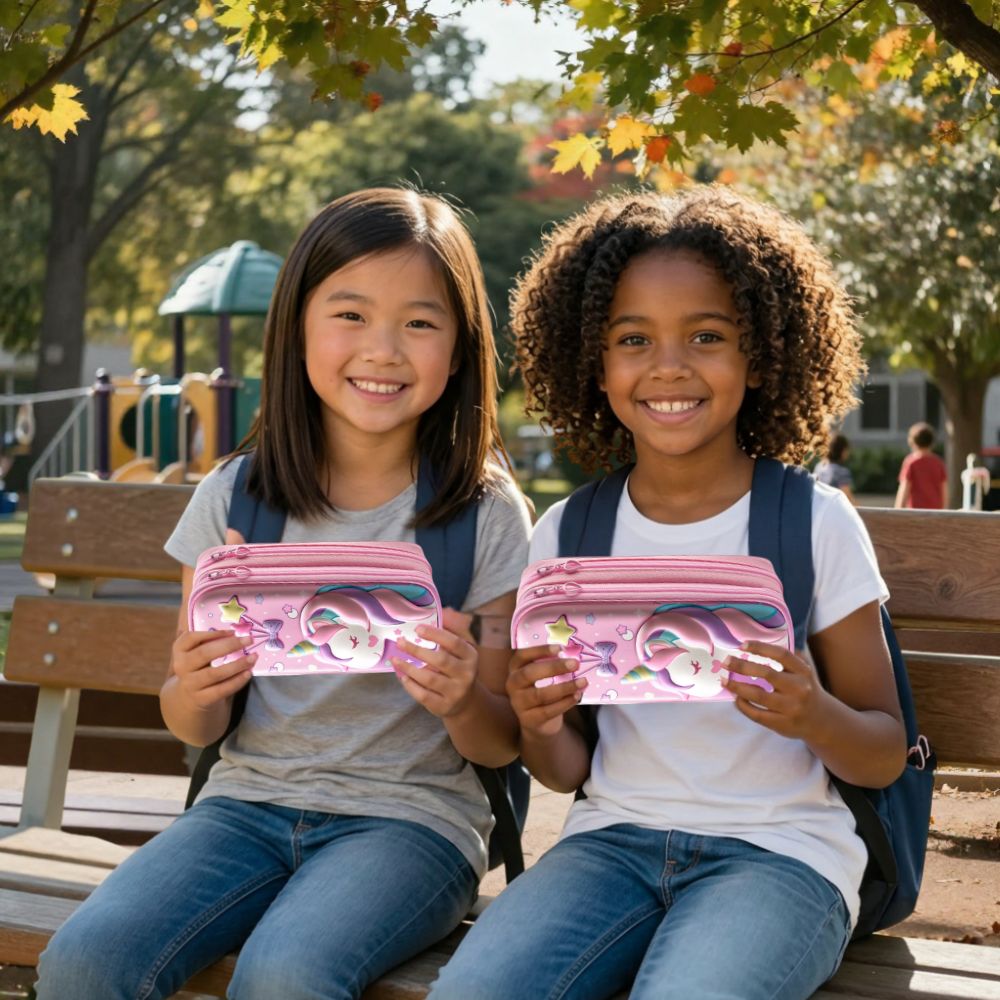 Trousse scolaire fille la licorne 3D le format 2 tiroireplus grande capacité, bien organisée