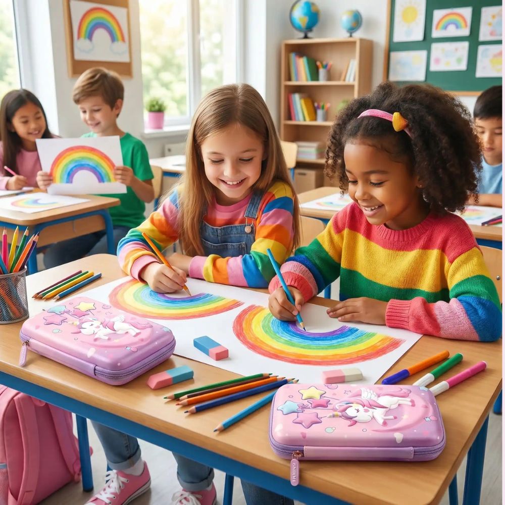 Trousse scolaire fille rêveuse réun  3D les amoureuses de licornes et d'arc-en-ciel