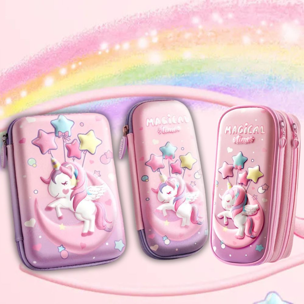 Trousse scolaire fille la licorne 3D designe Licorne de la Lune dans 3 formats disponibles chez Jeux-Focus