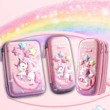 Trousse scolaire fille la licorne 3D designe Licorne de la Lune dans 3 formats disponibles chez Jeux-Focus