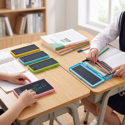 des élèves en classe avec leur trousse scolaire LCD techno 2 en 1 bloc note de calcul effaçable 