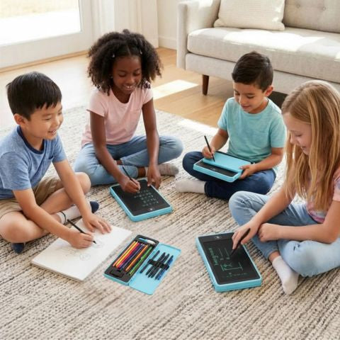 4 enfant avec leur trousse scolaire LCD 2 en 1 jouent tictac toe, griffonnent et calculent