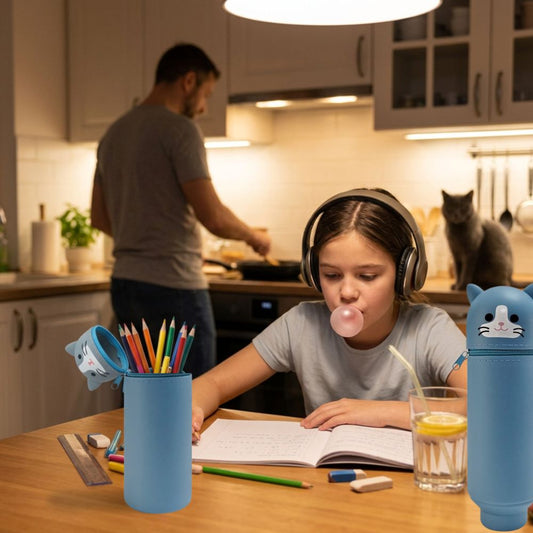 trousses scolaires verticales en forme de chat bleu mignon se tient debout comme un pot à crayons
