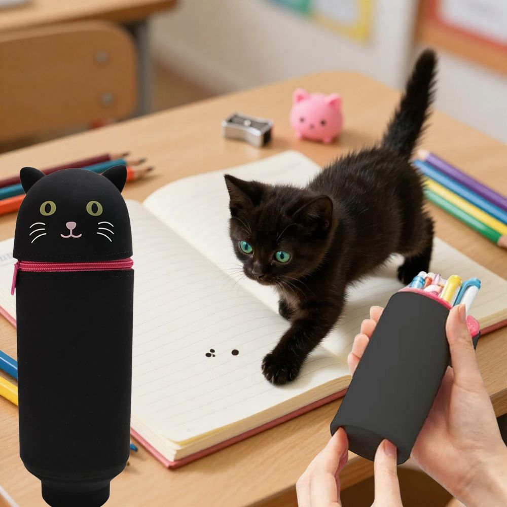 trousses scolaires verticales chat noir, pot et trousse 2 en 1