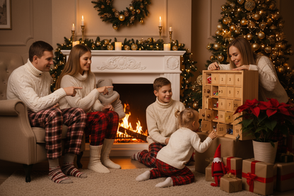 UNE FAMILLE TRADITIONELLE OUVRE UN CALENDRIER DE L'AVENT ET LE PLUS JEUNE DES ENFANT CHERCHE LE LUTIN FARCEUR
