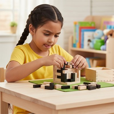 une fillette concentrée avec Casse tête en bois mathématique