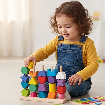 une fillette joue seul de manière autonome avec son jeu de Puzzle bois à défis évolutifs