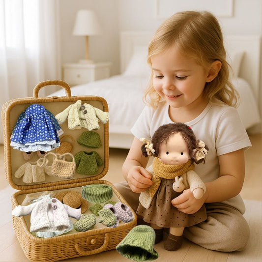 une petite fille de 4 ans joue avec sa poupée en chifffon Waldorf et sa valise remplie de vetement poupee tou fabriqués à la main . Meilleure qualité